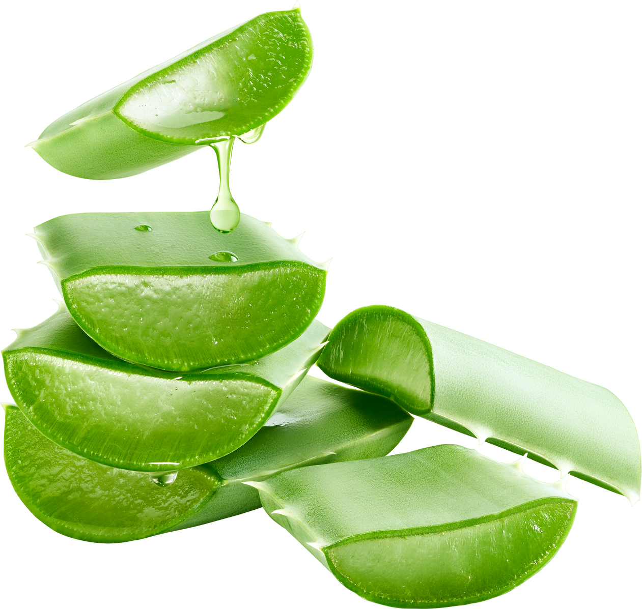 Aloe vera gel dripping on group of aloe vera slices